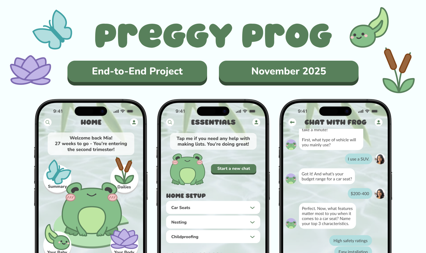 Three phone screens showing Preggy Prog app: home screen with pregnancy progress and options, essentials screen with home setup lists, and chat screen with frog assistant discussing car seat preferences.