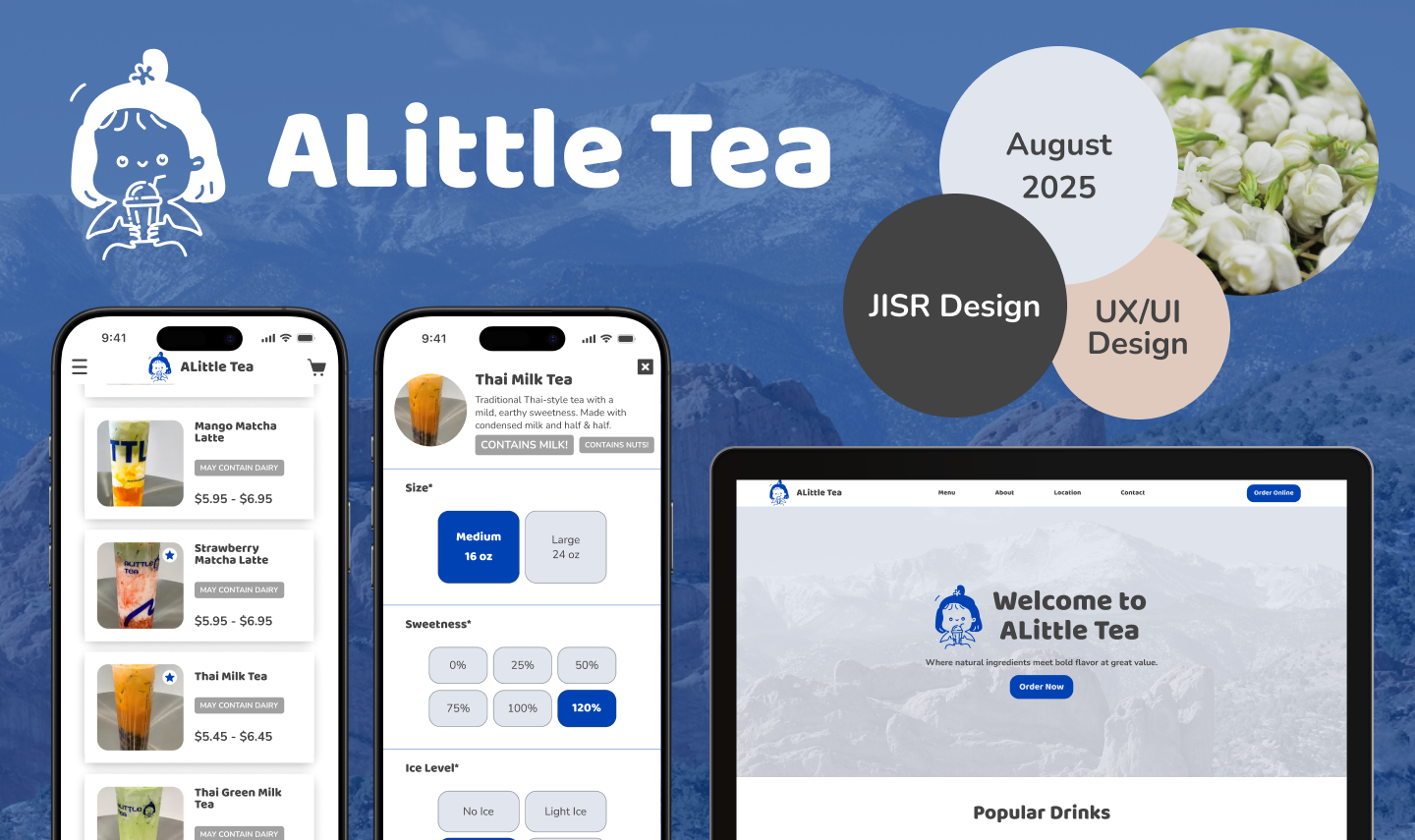 ALittle Tea branding with mobile app and website interface showing drink options and customization for Thai Milk Tea.