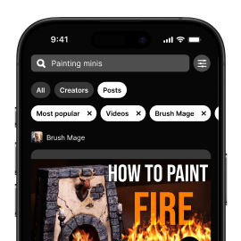 Smartphone screen showing a search for painting miniatures with filters and a video thumbnail titled 'How to Paint Fire' featuring a miniature with flames.