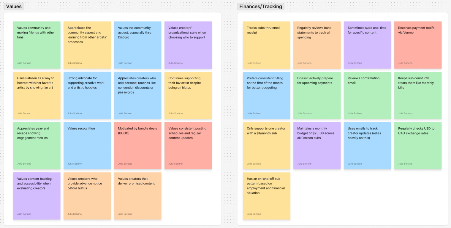 Two whiteboards side by side with colorful sticky notes organized under headings 'Values' and 'Finances/Tracking,' containing personal and financial management notes by Julia Soriano.