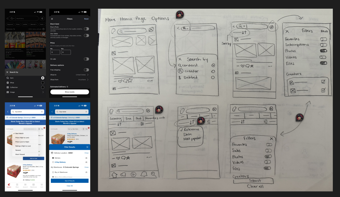 Hand-drawn wireframe sketches of mobile app interfaces showing homepage options, search filters, sorting, and delivery filter settings.