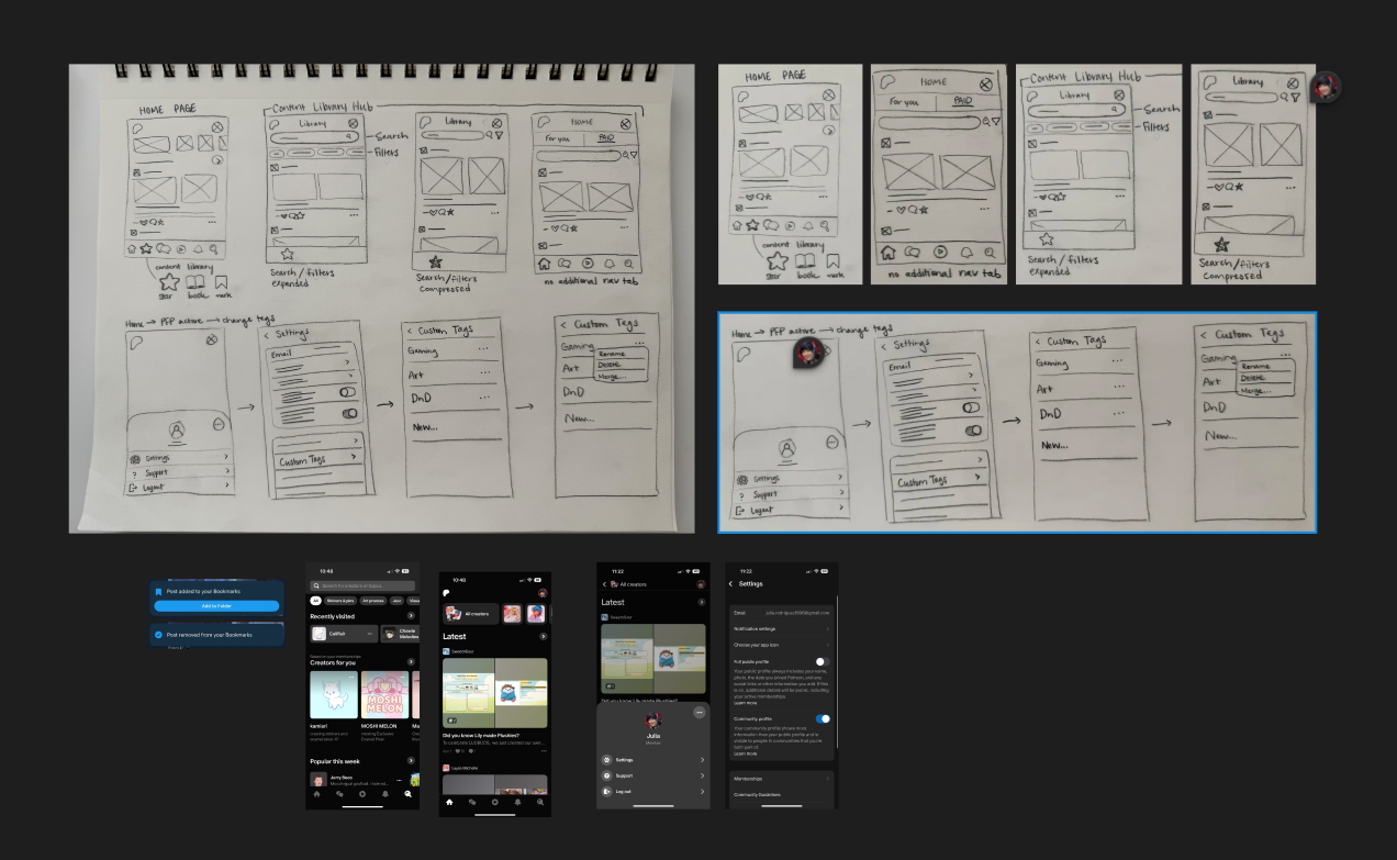 Sketches of a mobile app UI showing homepage layouts, content library hub with search and filters, custom tags management, and settings screen, alongside screenshots of the implemented app screens on a phone.