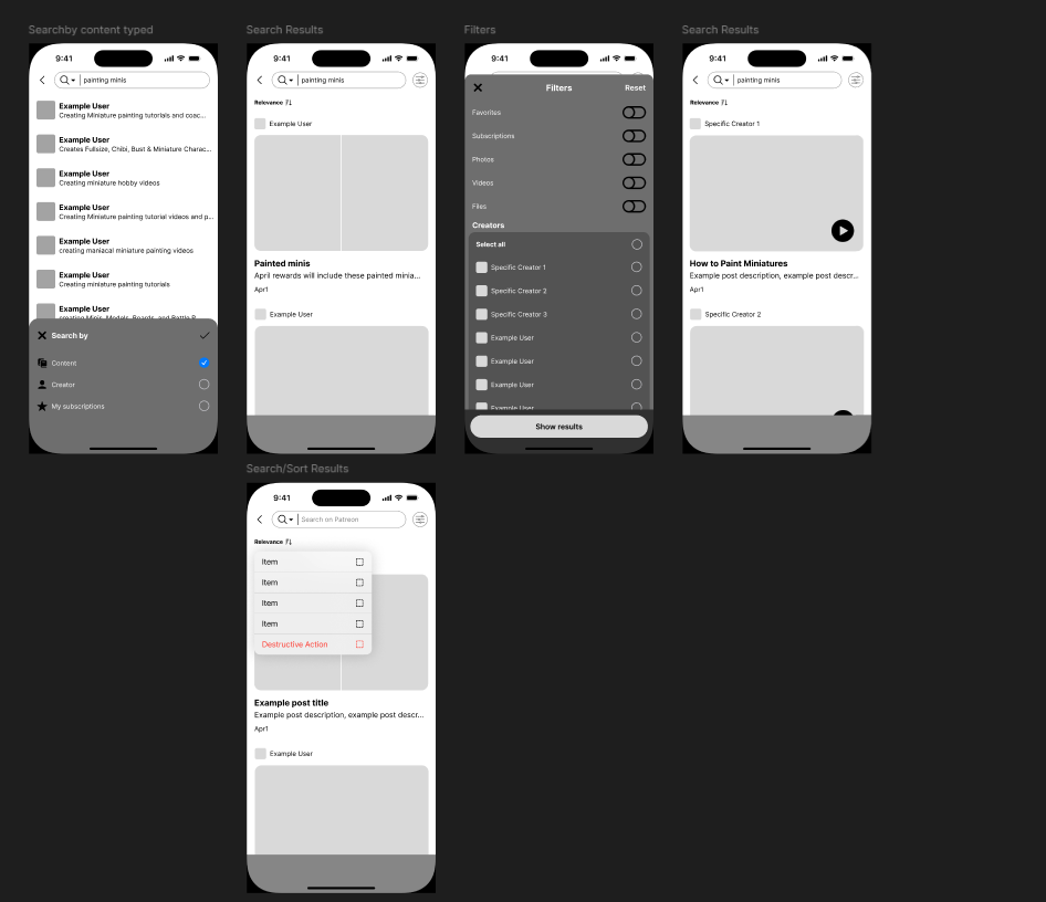 Mobile app search interface showing typed content results, filters by creators, and sorted search results for painting minis.