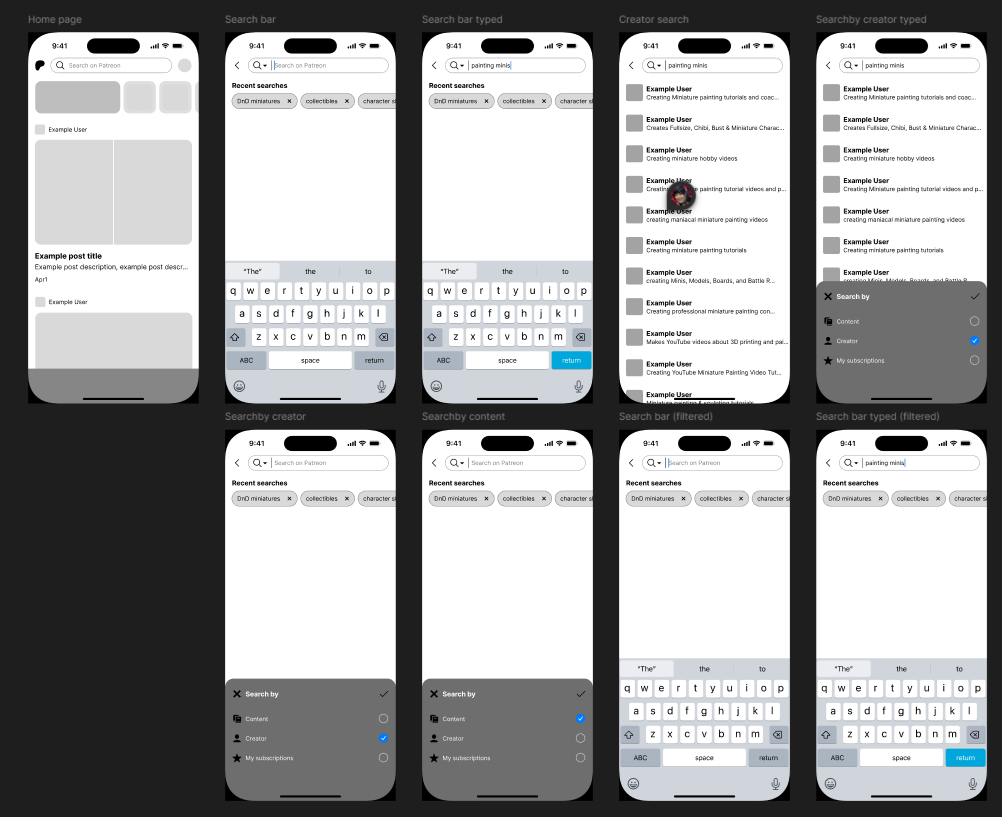 A tutorial showing mobile app screens for searching on Patreon including home page, search bar usage, filtering results by creator and content, and typing search queries with keyboard.