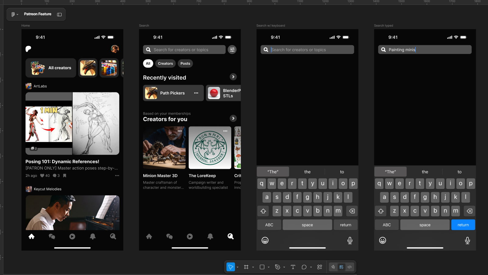 Four mobile app screens showing Patreon feature: main feed with posts, search screen with filters and recently visited creators, search bar with keyboard active, and search text typed as 'Painting minis'.