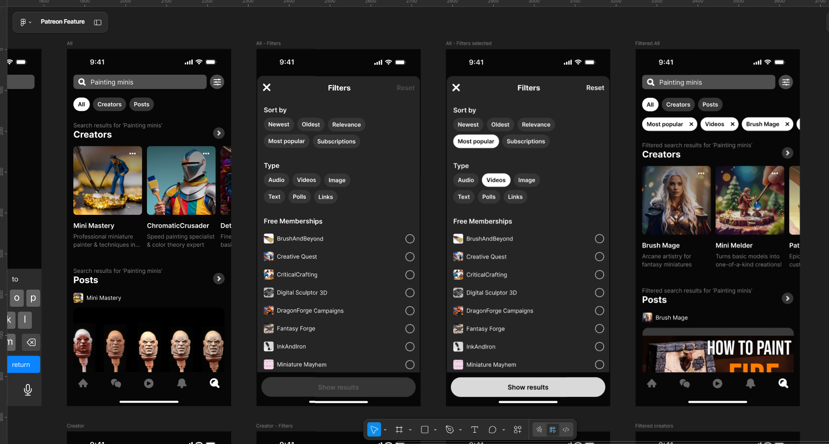 Mobile app screens showing a search for 'Painting minis' with filters and results for creators and posts, including filter options for sorting and free memberships.