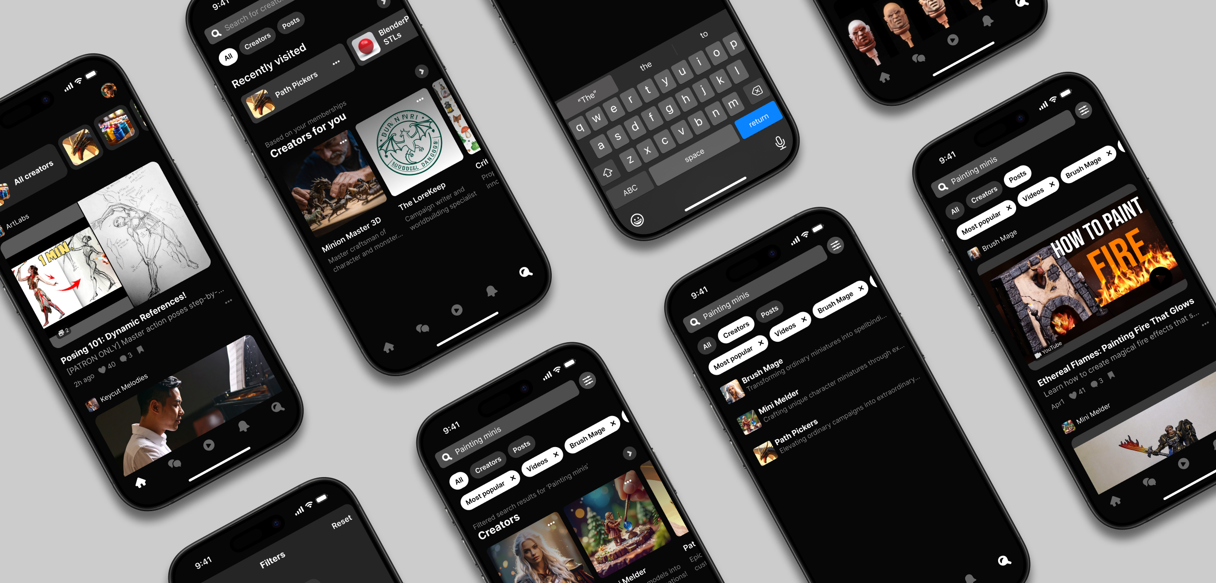 Multiple smartphones displaying a dark-themed app interface for creators, showing search filters, posts, and creator profiles related to digital art and miniatures.