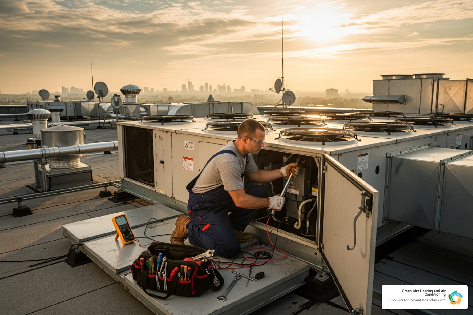 technician working on a large commercial rooftop unit - licensed HVAC technician