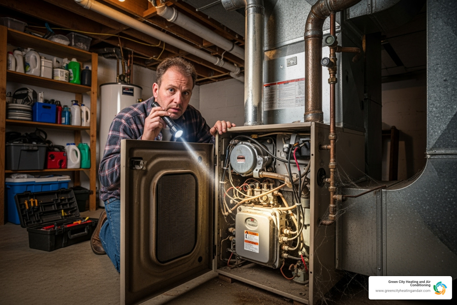 A homeowner looking at their furnace with a concerned expression - furnace repair Federal Way