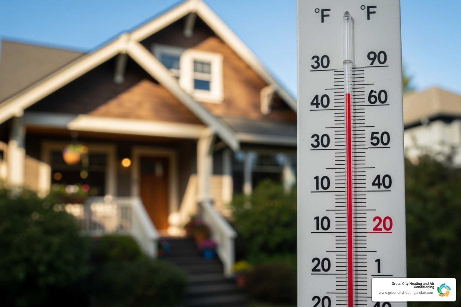 Thermometer showing a high temperature with a pleasant Seattle home in the background - ac installation seattle