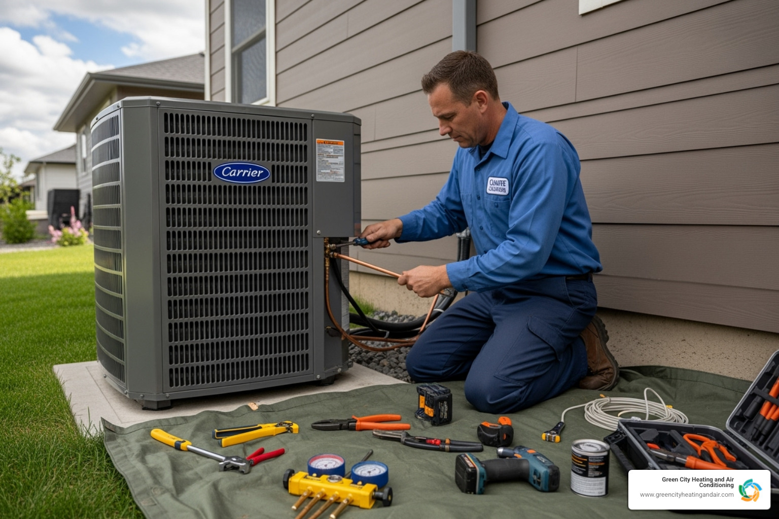 Certified technician professionally installing an outdoor AC unit - ac installation seattle