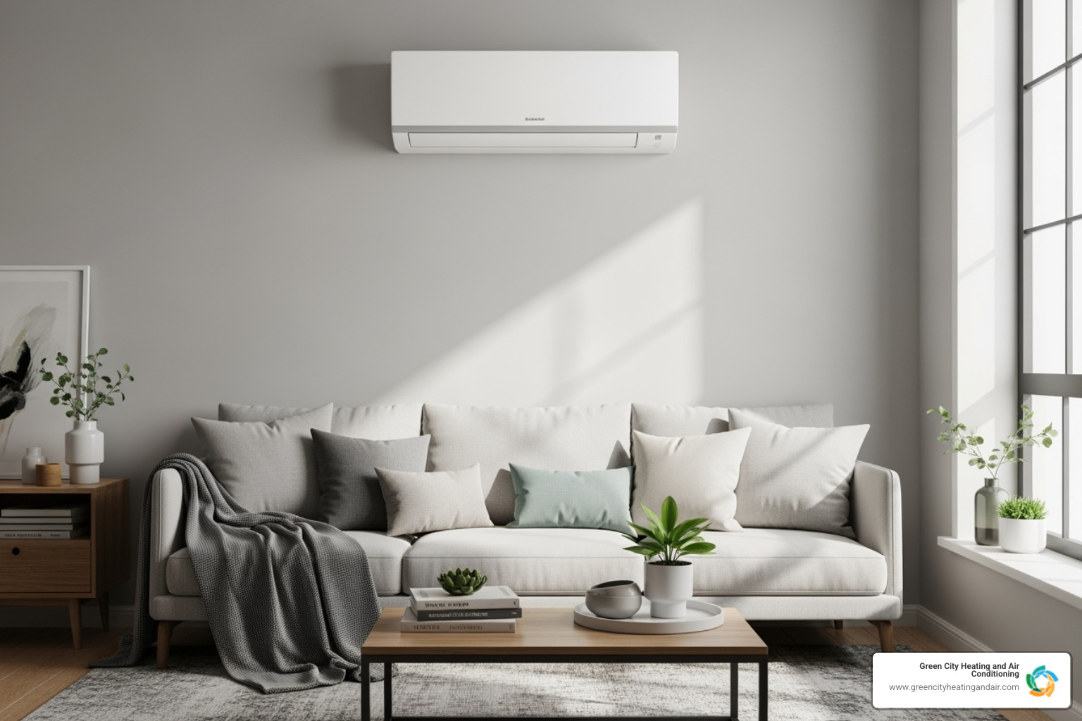 Ductless mini-split unit mounted on a wall in a stylish room - ac installation seattle