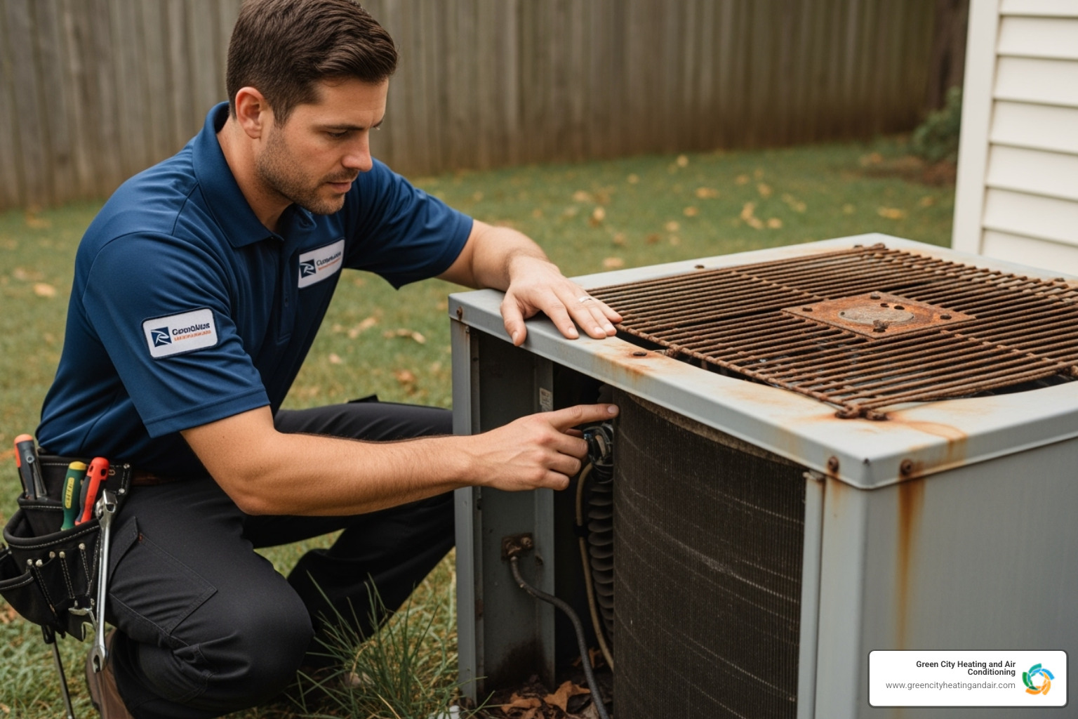 technician inspecting an older outdoor AC unit - home ac repair