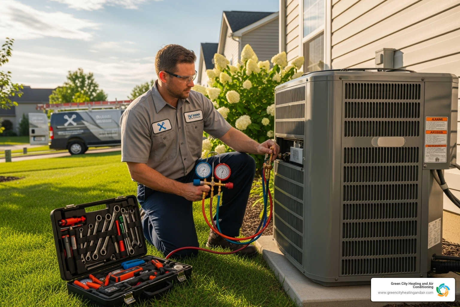 professional technician working on an AC unit with proper tools - home ac repair