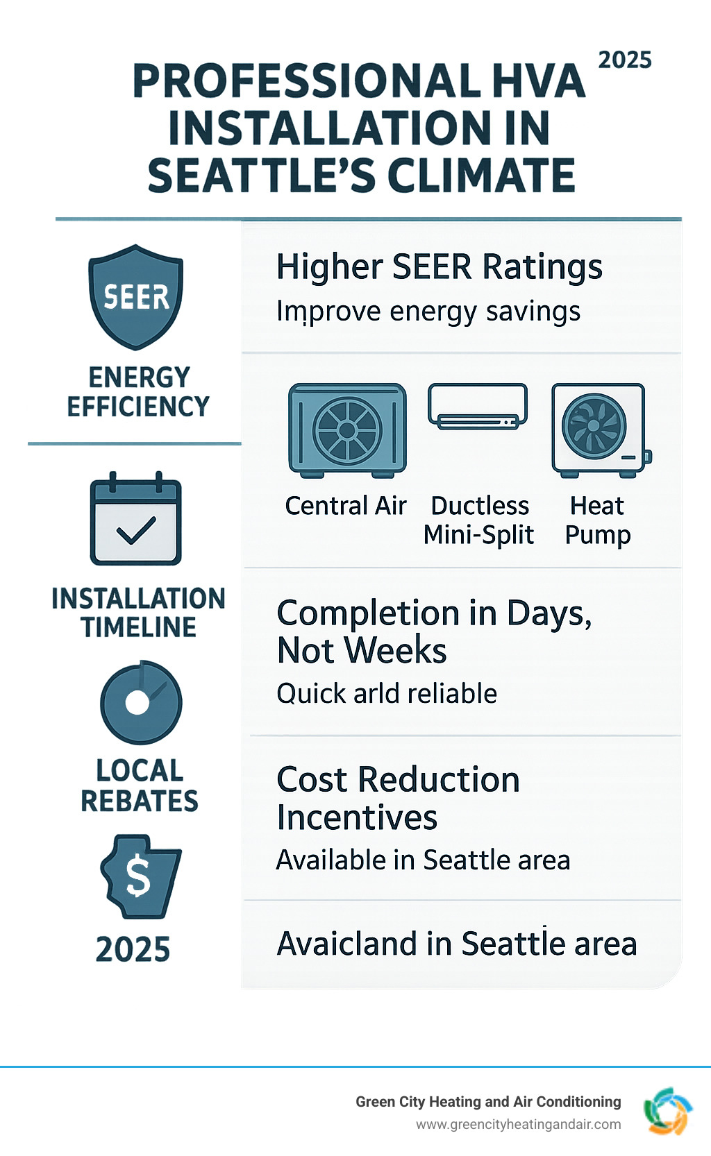 Comprehensive guide showing the benefits of professional HVAC installation in Seattle's climate, including energy efficiency ratings, system types comparison, installation timeline, and local rebate opportunities - air conditioning installation seattle infographic 