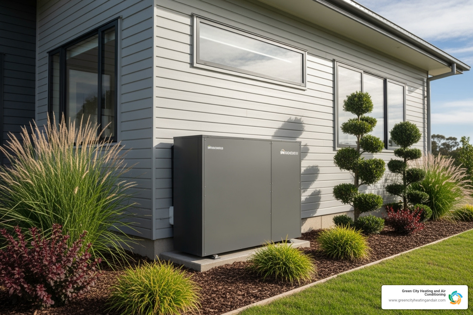 Sleek, modern heat pump unit installed on the side of a house, blending with the landscape - air conditioning installation seattle