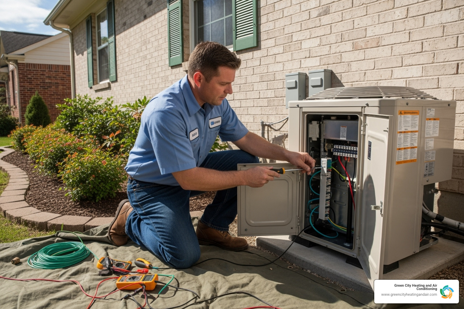 Certified technician carefully installing an outdoor AC unit, ensuring proper connections and placement - air conditioning installation seattle