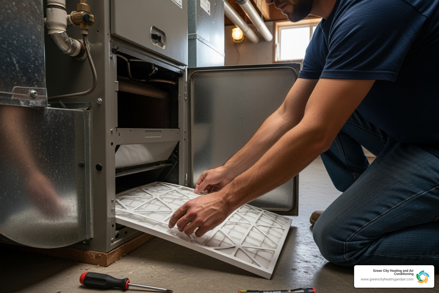 of a homeowner changing a furnace air filter; Preventative maintenance; System longevity; Energy savings; Improved air quality - 24 hour HVAC Seattle