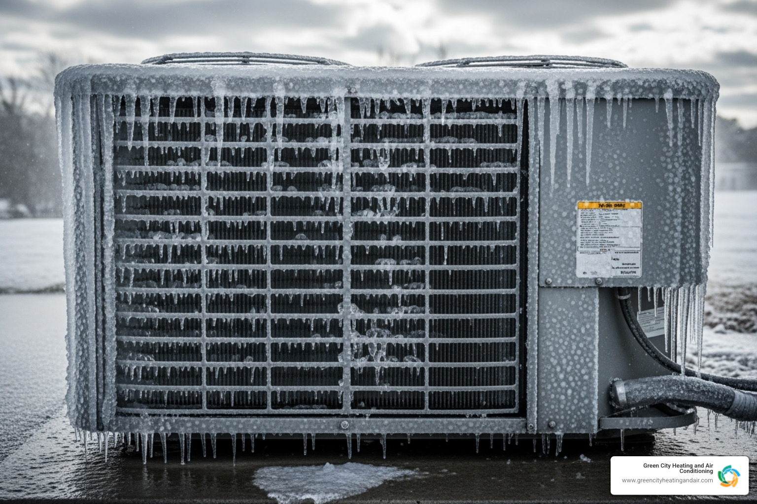 of a frozen outdoor air conditioning unit; Seattle climate; Damp winters; Summer heatwaves; System strain; Component failure - 24 hour HVAC Seattle