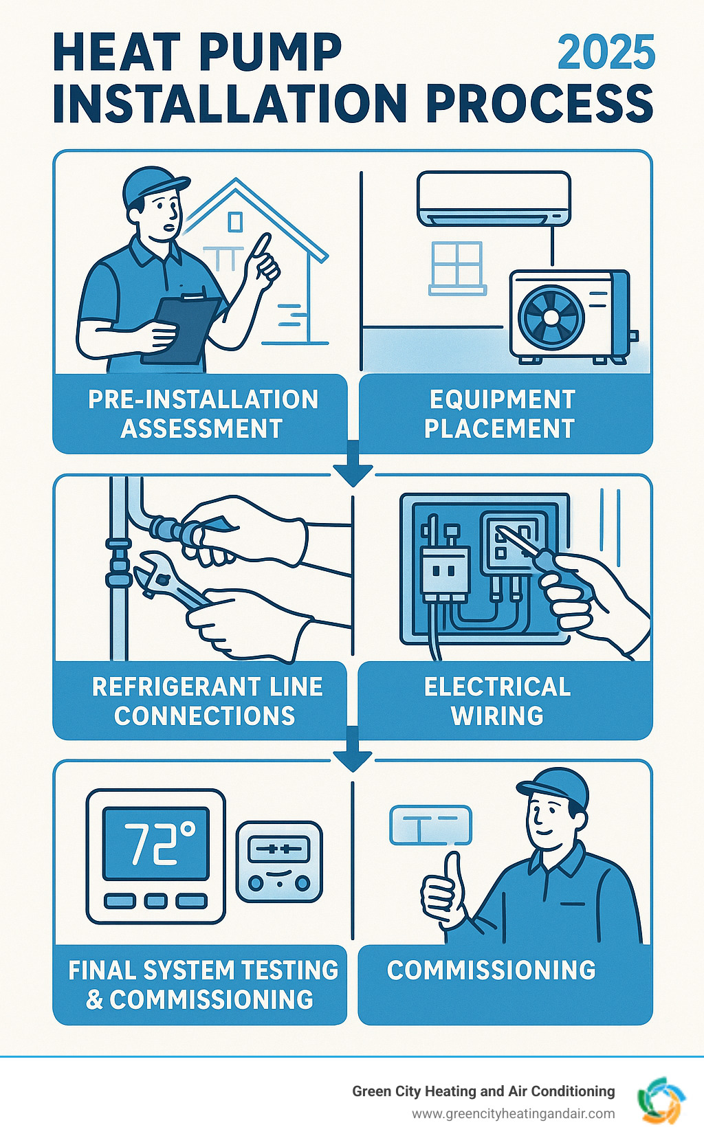 Comprehensive heat pump installation process showing pre-installation assessment, equipment placement, refrigerant line connections, electrical wiring, and final system testing and commissioning phases - heat pump installation infographic 