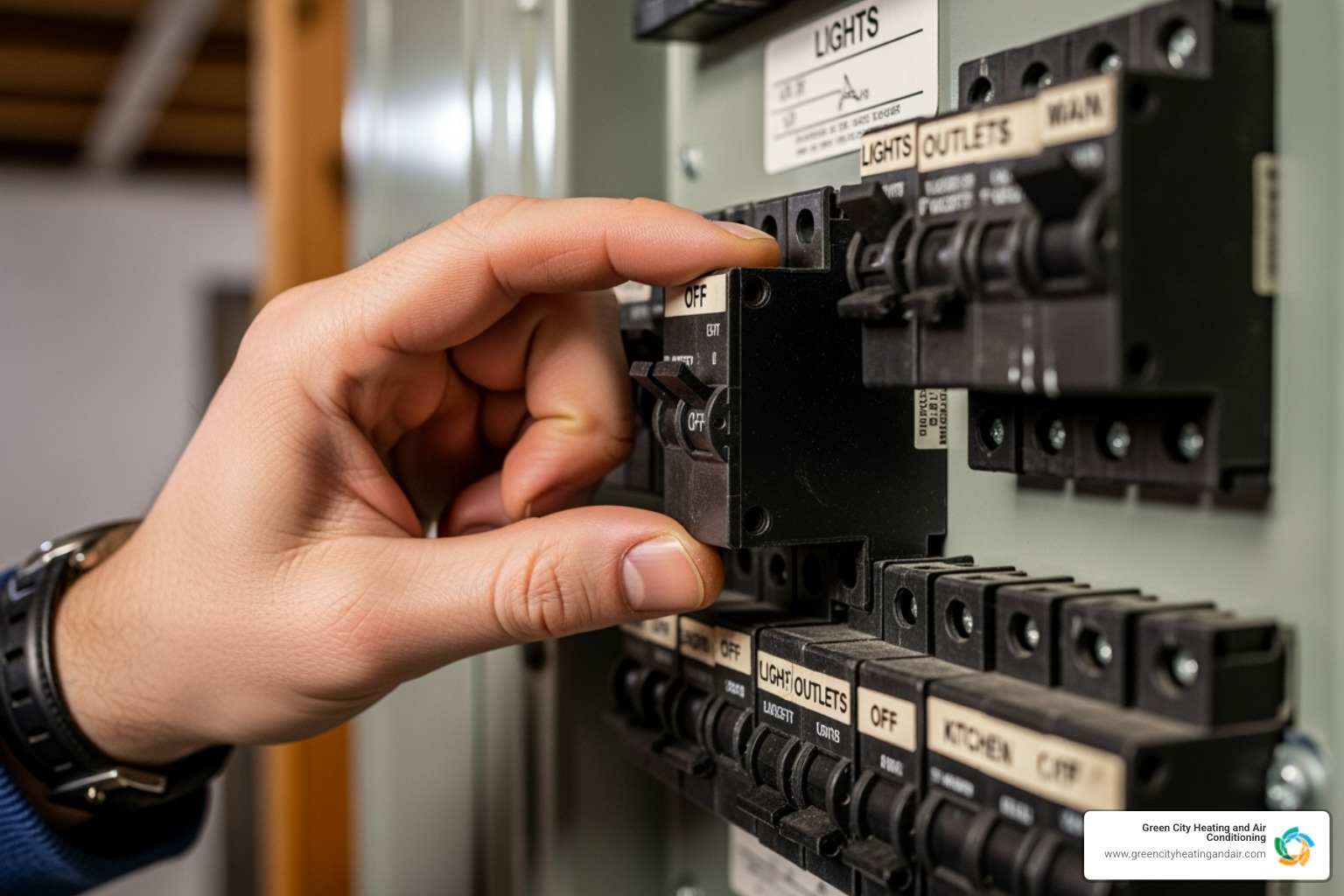 a home's circuit breaker panel being switched off - emergency HVAC repair
