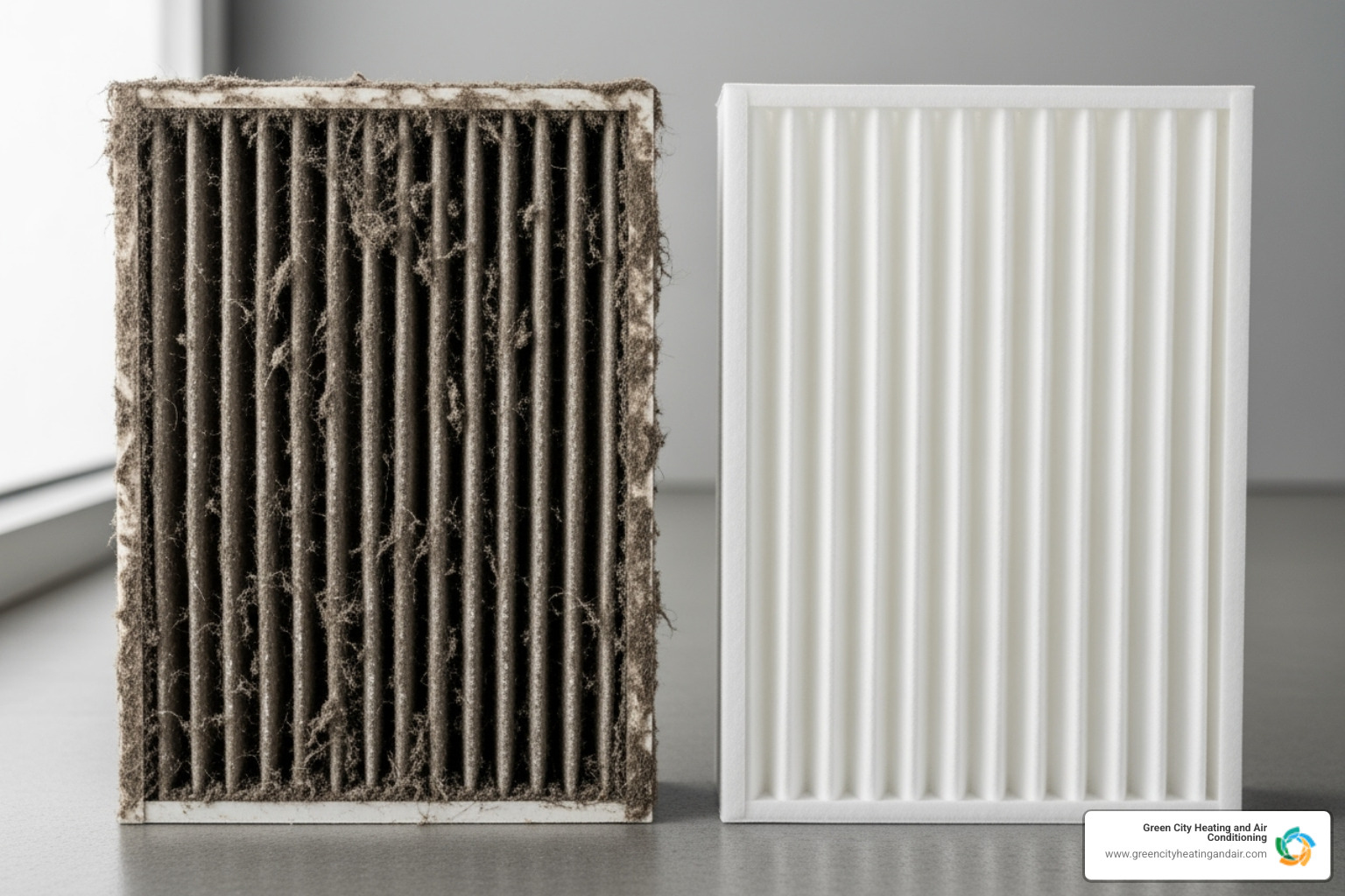 dirty furnace filter next to a clean one - furnace no heat