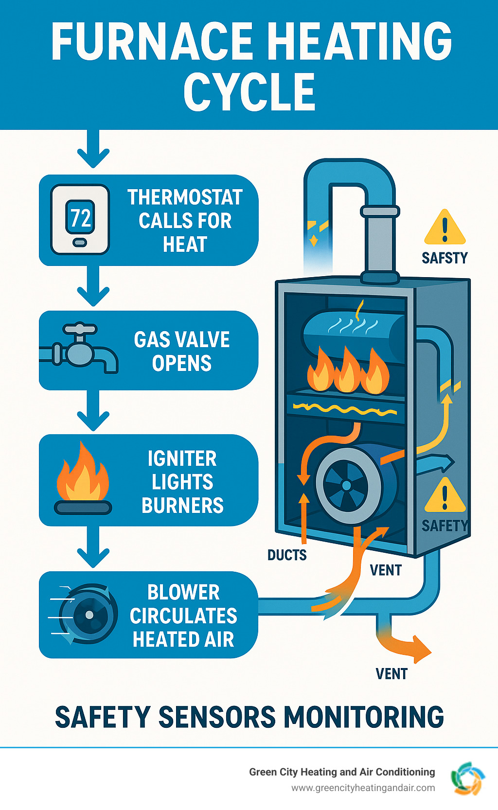 Infographic showing the complete furnace heating cycle: thermostat calls for heat, gas valve opens, igniter lights burners, heat exchanger warms up, blower circulates heated air through ducts to vents, with safety sensors monitoring each step - furnace no heat infographic 