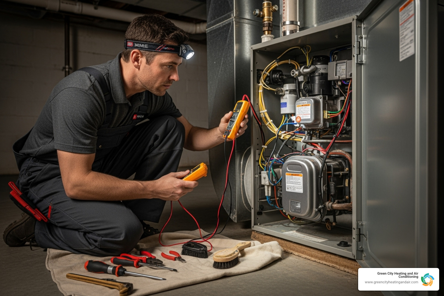 professional HVAC technician inspecting a furnace - furnace no heat