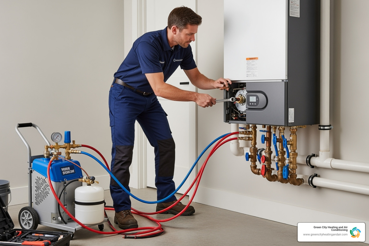 Technician performing a system flush on a heating system - boiler replacement Kent