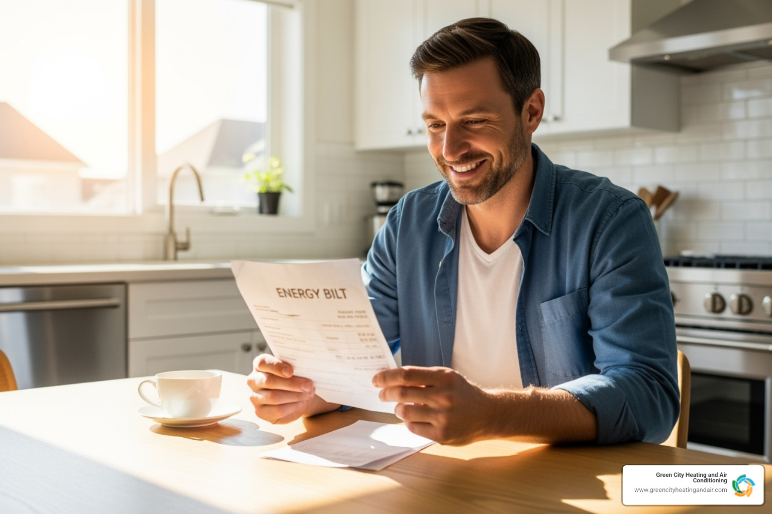 homeowner reviewing lower energy bill - boiler installation bellevue
