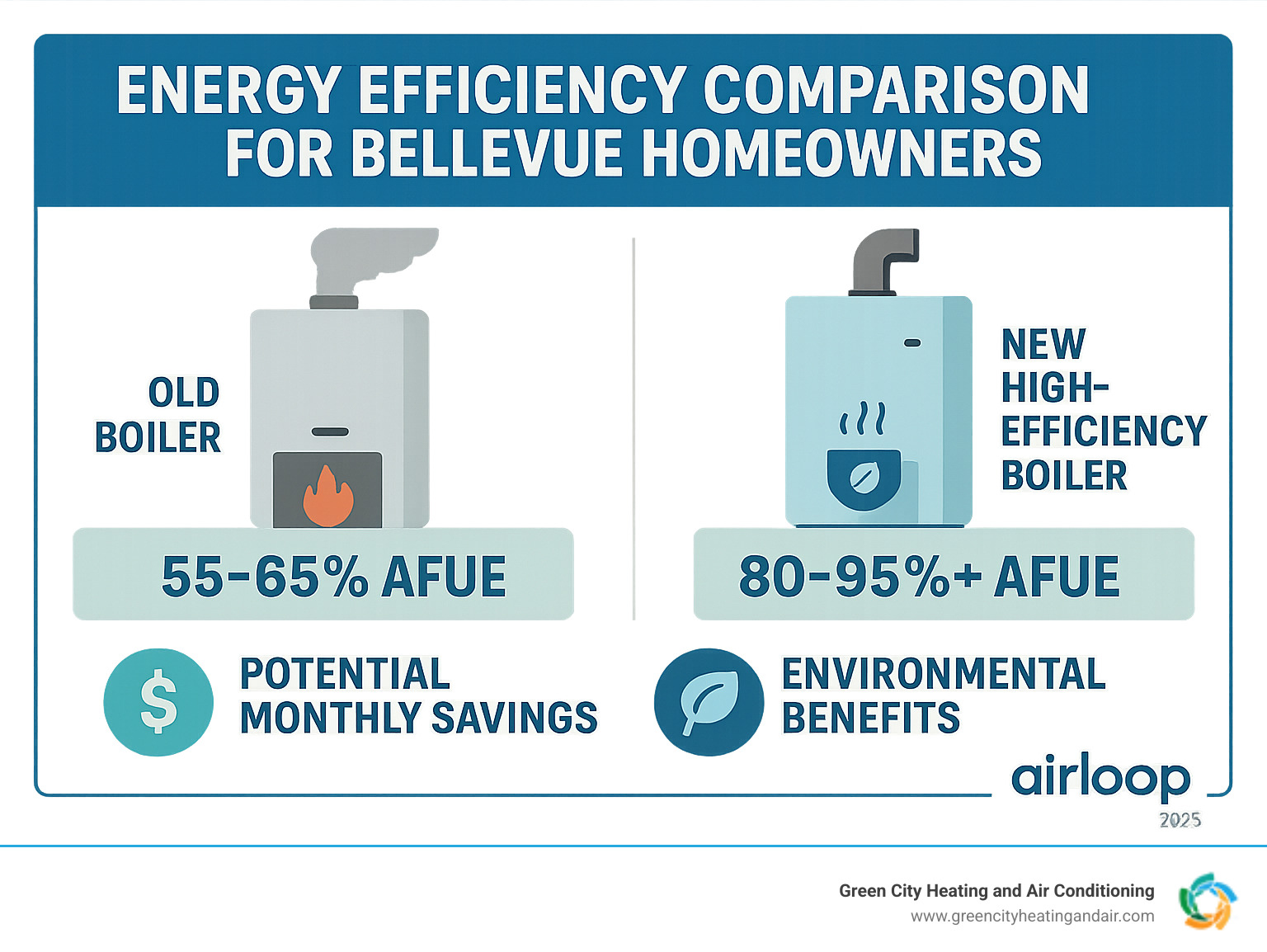 Infographic showing the energy efficiency comparison between old boilers (55-65% AFUE) and new high-efficiency boilers (80-95%+ AFUE), including potential monthly savings and environmental benefits for Bellevue homeowners - boiler installation bellevue infographic 