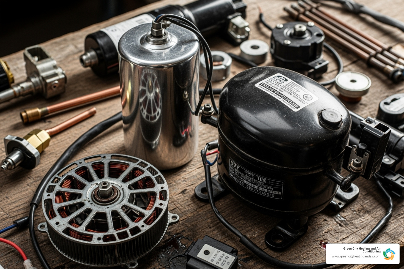 Common AC parts like a capacitor, fan motor, and compressor - AC repair cost