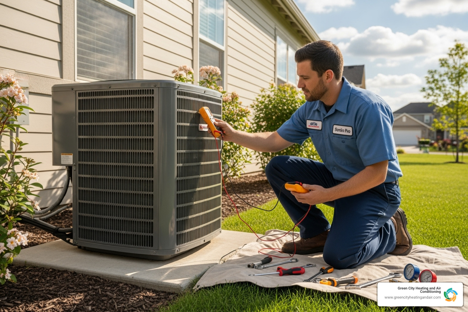 HVAC technician inspecting an outdoor condenser unit - AC repair cost