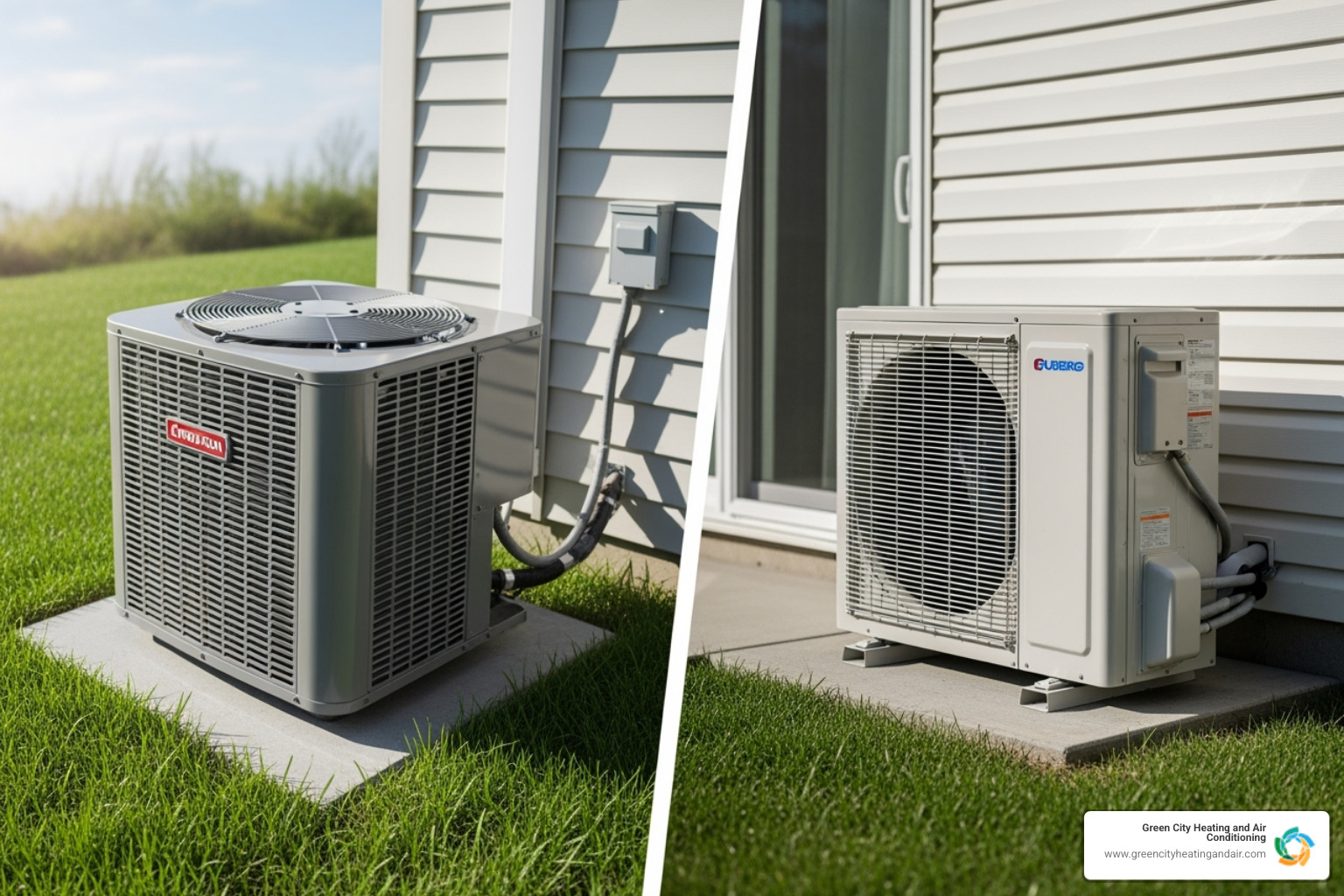 side-by-side comparison of a central air outdoor unit and a ductless mini-split system - New AC Unit
