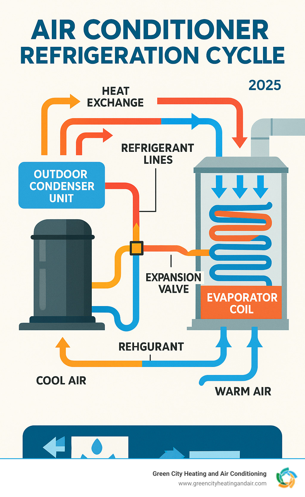 Detailed infographic showing the refrigeration cycle of an air conditioner with outdoor condenser unit, indoor evaporator coil, refrigerant lines, and airflow patterns through ductwork, labeled with key components like compressor, expansion valve, and heat exchange process - New AC Unit infographic 