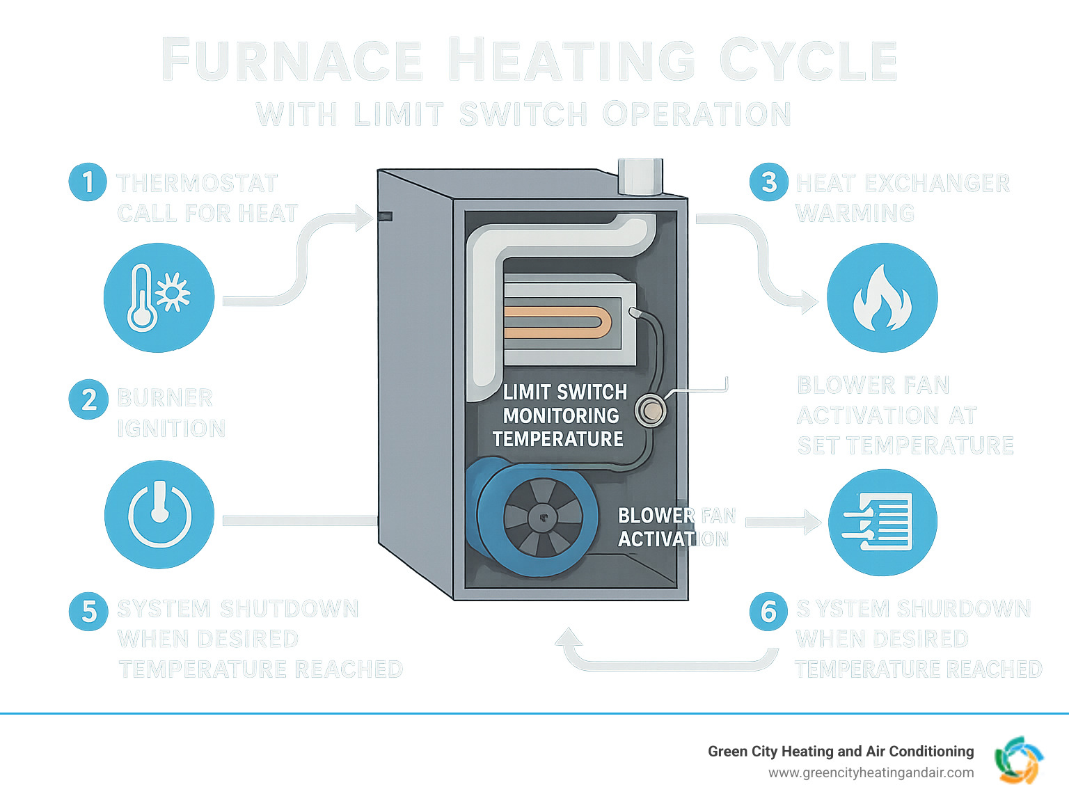 Detailed infographic showing furnace heating cycle with limit switch operation - starting with thermostat call for heat, burner ignition, heat exchanger warming, limit switch monitoring temperature, blower fan activation at set temperature, warm air distribution through vents, and system shutdown when desired temperature is reached - furnace limit switch infographic 