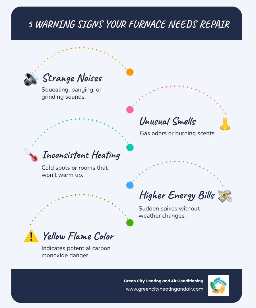 Infographic showing 5 warning signs your furnace needs repair: 1. Strange noises like squealing or banging, 2. Gas or burning smells, 3. Rooms that won't heat evenly, 4. Unexplained energy bill increases, 5. Yellow flame instead of blue flame - furnace repair bellevue infographic infographic-line-5-steps-blues-accent_colors
