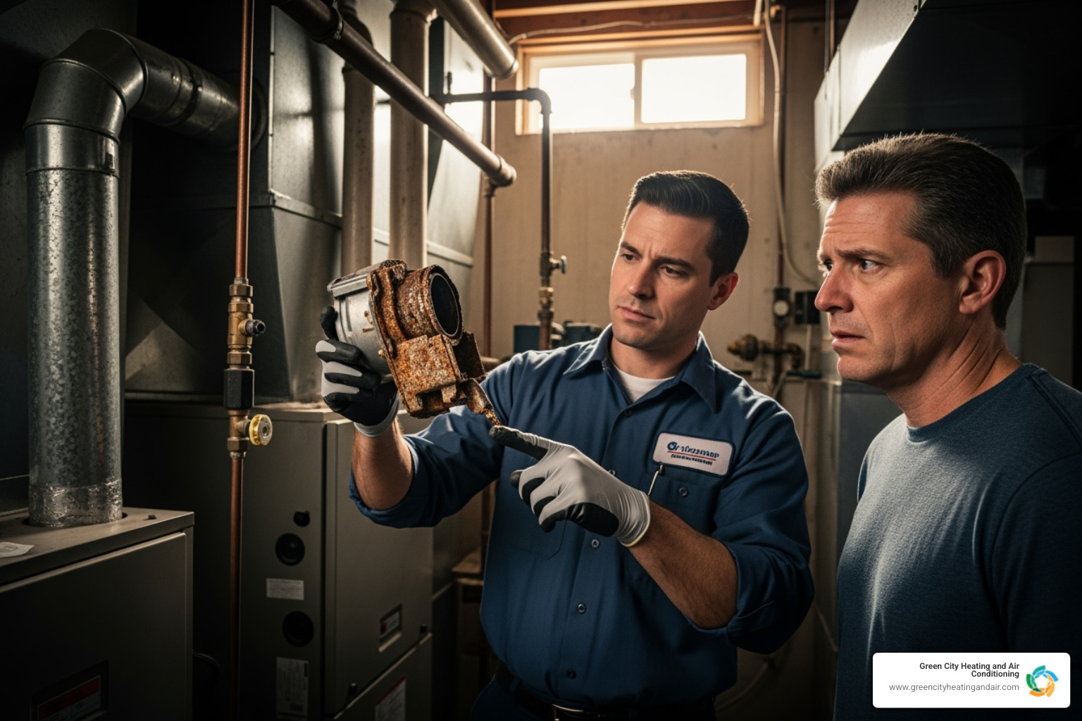 A technician showing a homeowner a worn-out furnace part - furnace repair bellevue