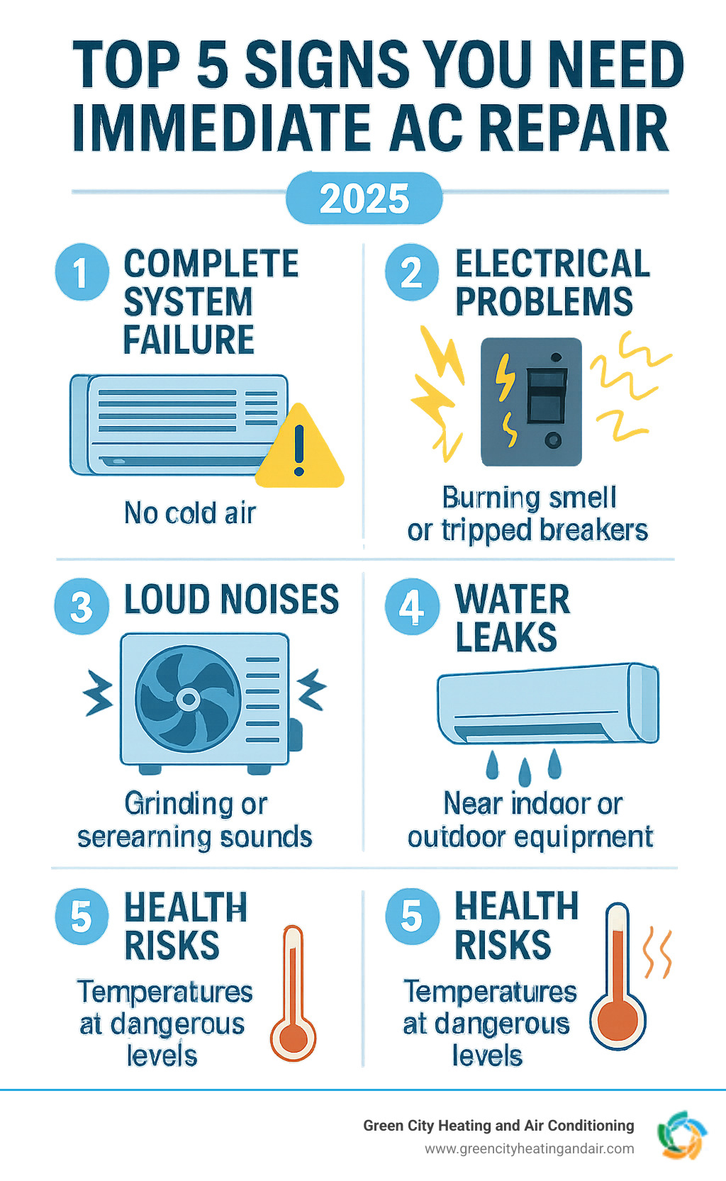 Infographic showing the top 5 signs you need immediate AC repair: complete system failure with no cold air, electrical problems including burning smells and tripped breakers, loud grinding or screaming noises from the unit, water leaks around indoor or outdoor equipment, and health risks when temperatures exceed dangerous levels - 24 hour AC repair infographic 