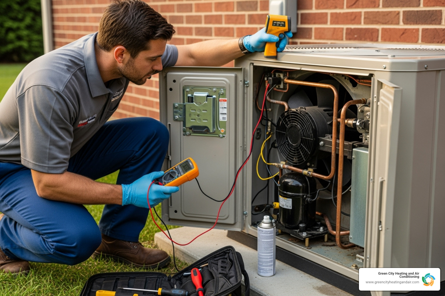A professional HVAC technician wearing gloves and using diagnostic tools while inspecting the outdoor unit of a heat pump, with a focus on the fan and internal components. - heat pump repair