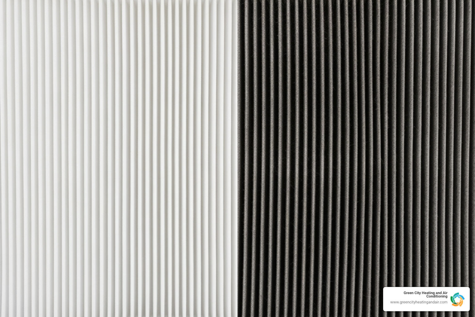 A split image showing a clean heat pump air filter on one side and a heavily clogged, dirty air filter on the other, illustrating the importance of regular filter replacement. - heat pump repair