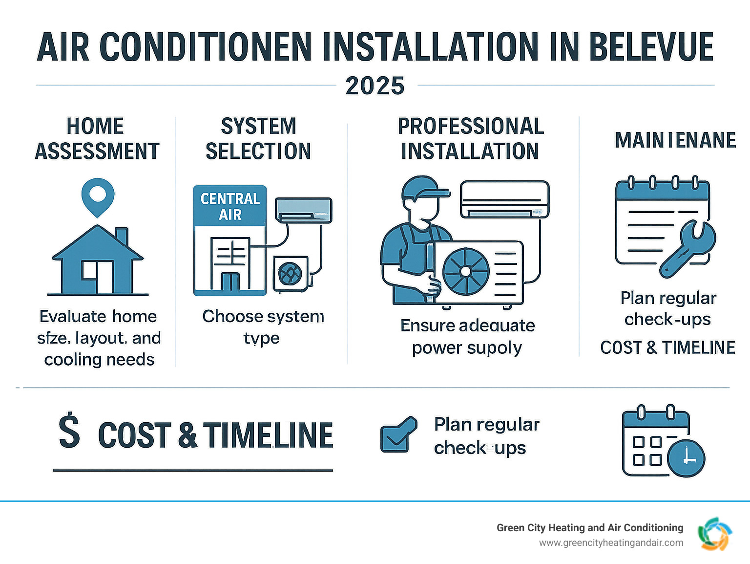 Comprehensive infographic showing the complete air conditioner installation process in Bellevue, including home assessment, system selection between central air and ductless options, professional installation steps, electrical requirements, permit process, and maintenance schedule with timeline and cost considerations - air conditioner installation bellevue infographic 