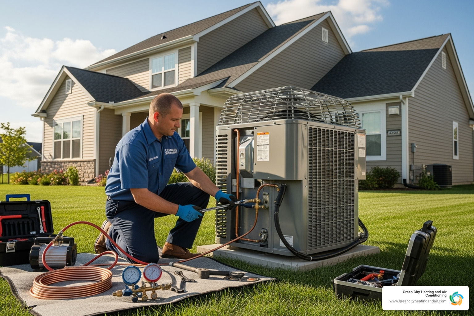 technician installing AC unit - air conditioner installation bellevue