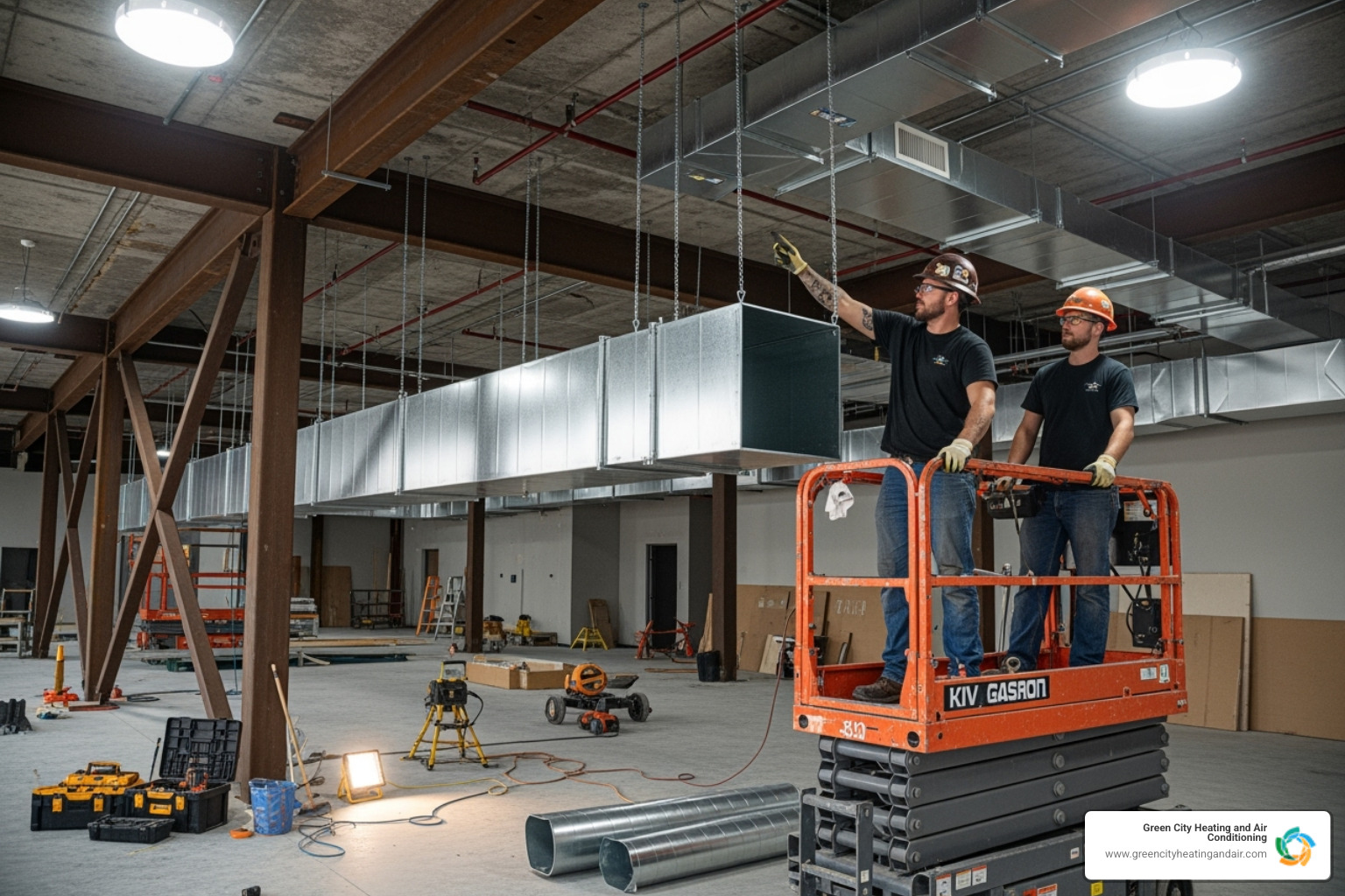 technicians professionally installing commercial ductwork - commercial hvac installation seattle