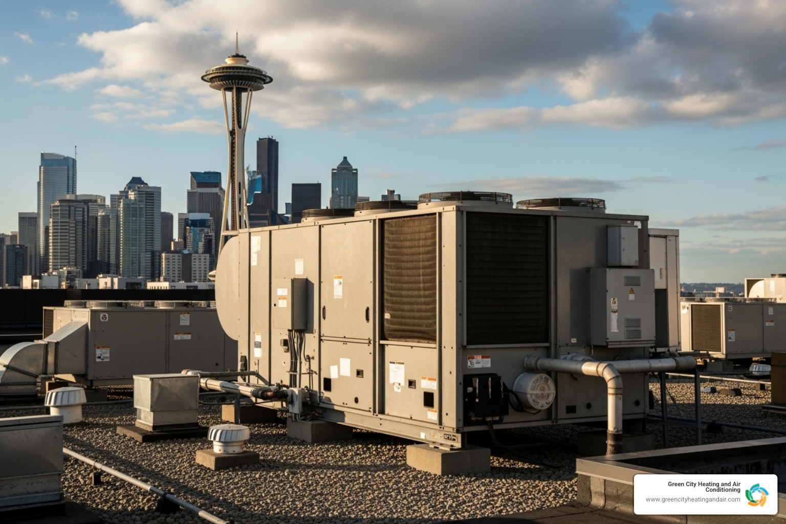 commercial HVAC unit on a rooftop with the Space Needle in the background - commercial hvac installation seattle