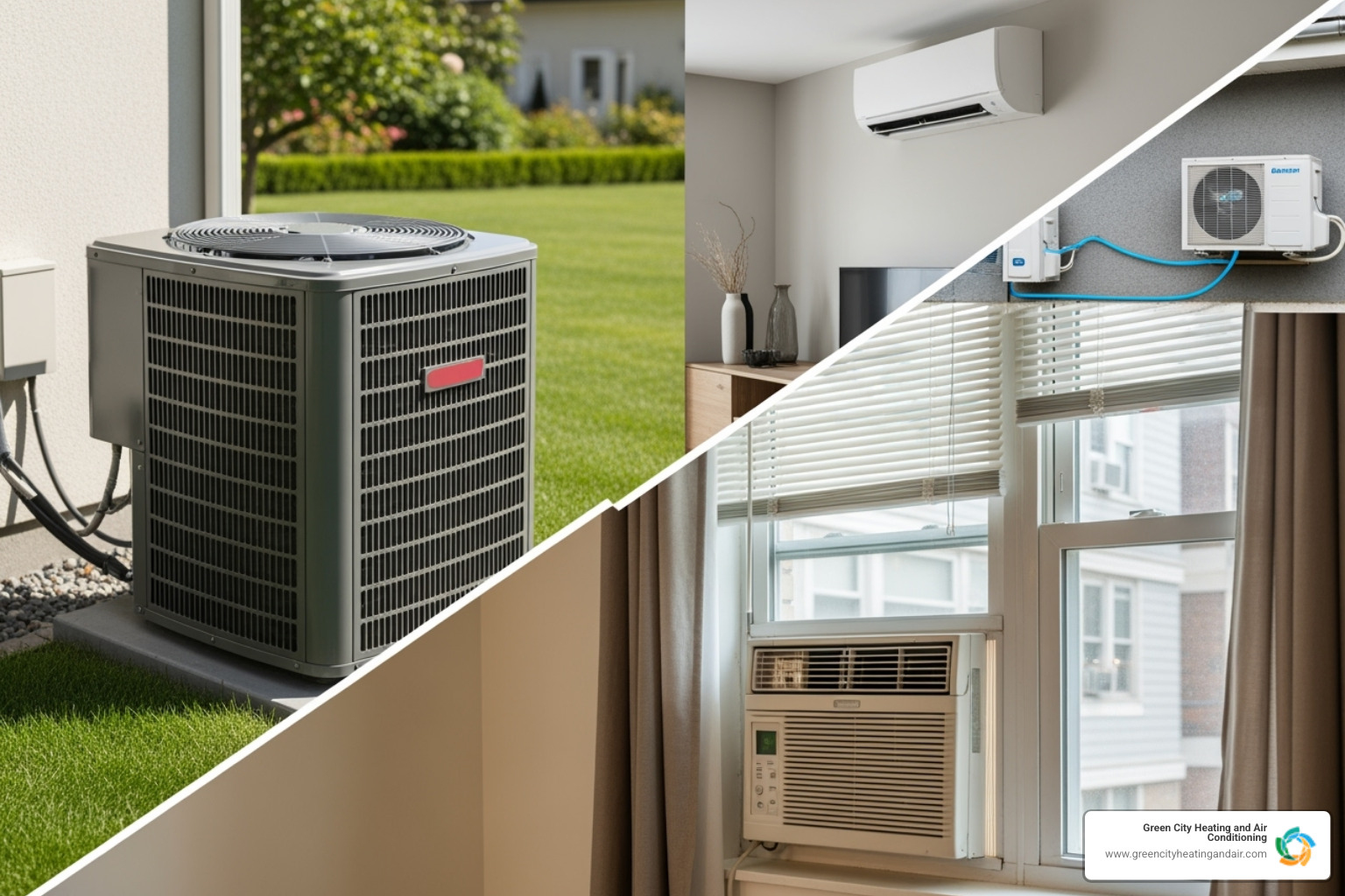 Split-view showing different types of AC units (central, mini-split, window). - ac service cost near me