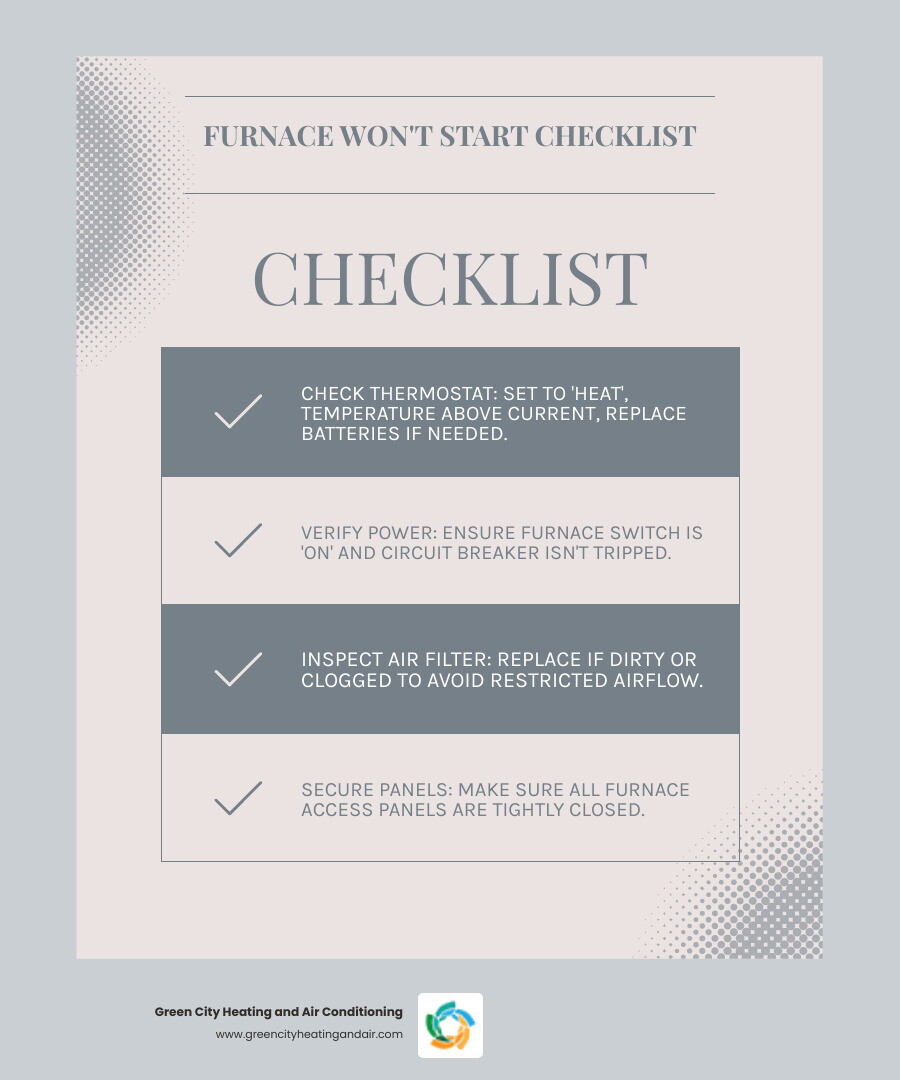 Infographic showing furnace troubleshooting steps from thermostat check to calling professional, including safety warnings for gas leaks and carbon monoxide - furnace stops working infographic checklist-light-blue-grey Infographic showing furnace troubleshooting steps from thermostat check to calling professional, including safety warnings for gas leaks and carbon monoxide - furnace stops working infographic checklist-light-blue-grey