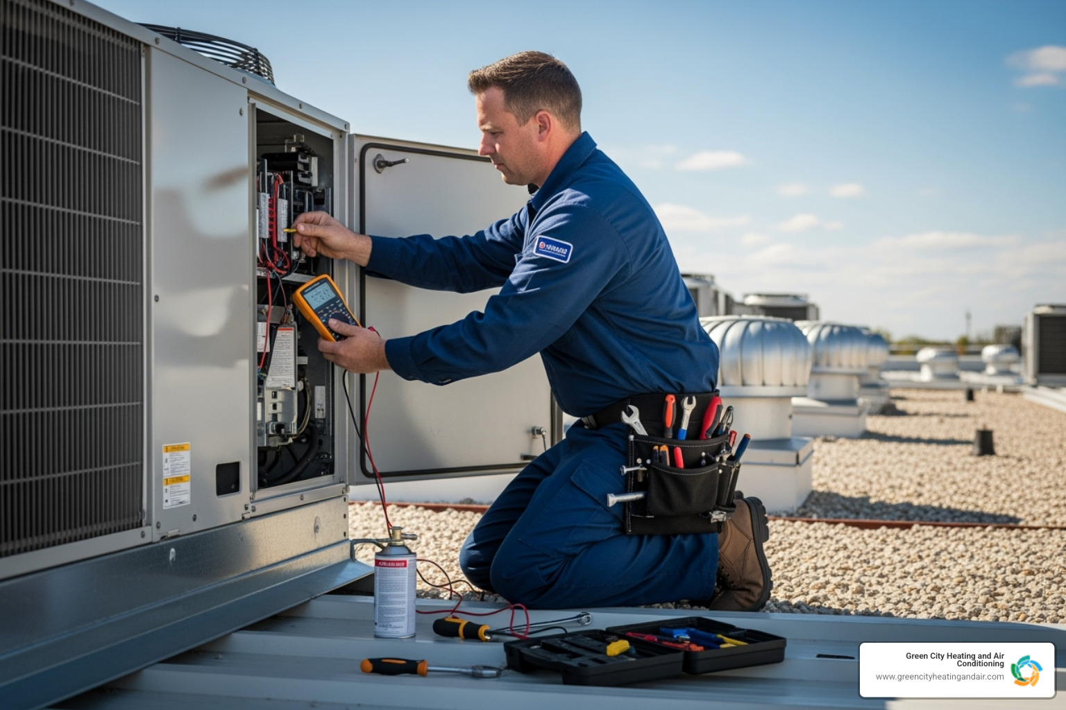 technician performing scheduled maintenance on a commercial AC unit - commercial ac installation tacoma technician performing scheduled maintenance on a commercial AC unit - commercial ac installation tacoma
