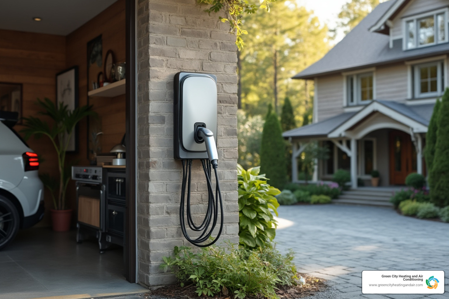 Sleek home EV charging station mounted in a garage - electrical installation bellevue wa