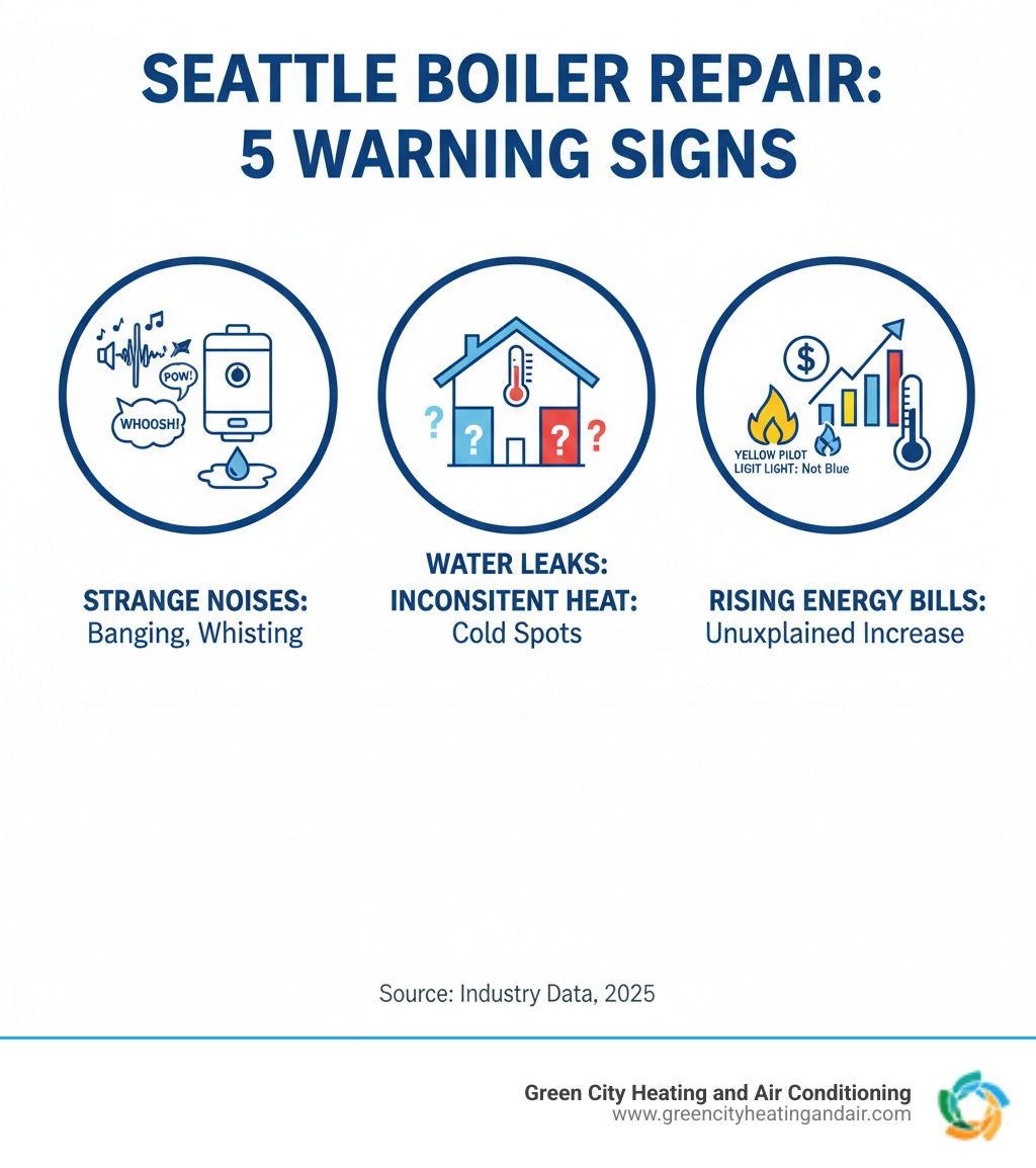 Comprehensive infographic showing the top 5 warning signs that indicate a Seattle boiler needs professional repair attention, including visual representations of strange noises like banging and whistling, water leaks around the unit, inconsistent heating throughout the home, yellow pilot light flames instead of blue, and rising energy bills with corresponding thermometer and dollar sign graphics - boiler repair seattle wa infographic Comprehensive infographic showing the top 5 warning signs that indicate a Seattle boiler needs professional repair attention, including visual representations of strange noises like banging and whistling, water leaks around the unit, inconsistent heating throughout the home, yellow pilot light flames instead of blue, and rising energy bills with corresponding thermometer and dollar sign graphics - boiler repair seattle wa infographic